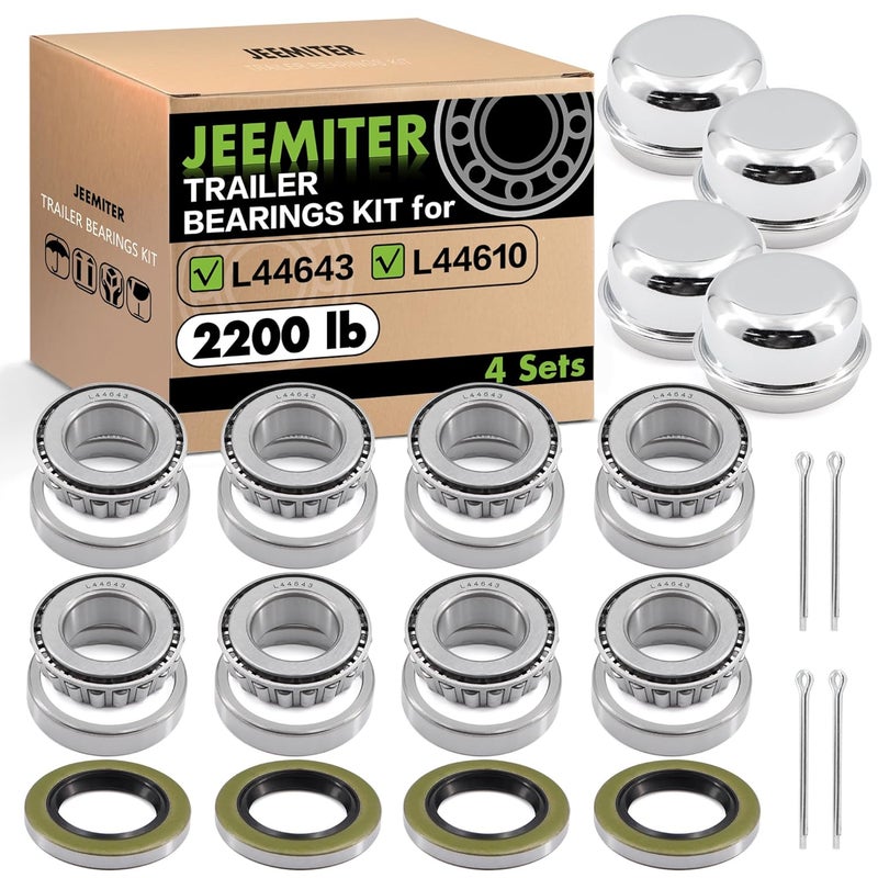 Jeemiter L44643 L44610 Trailer Bearing Kit for #91 Spindle - Fits 3500 lb Axles | 4 Sets Complete Hub Kit with 1.98" Seals, Dust Covers & Spindle Nuts - Image 1